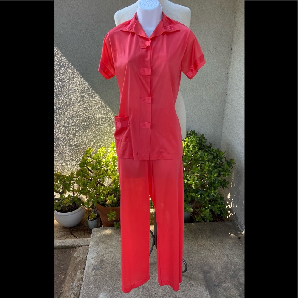 Vtg nylon neon coral orange pjs pant top Small